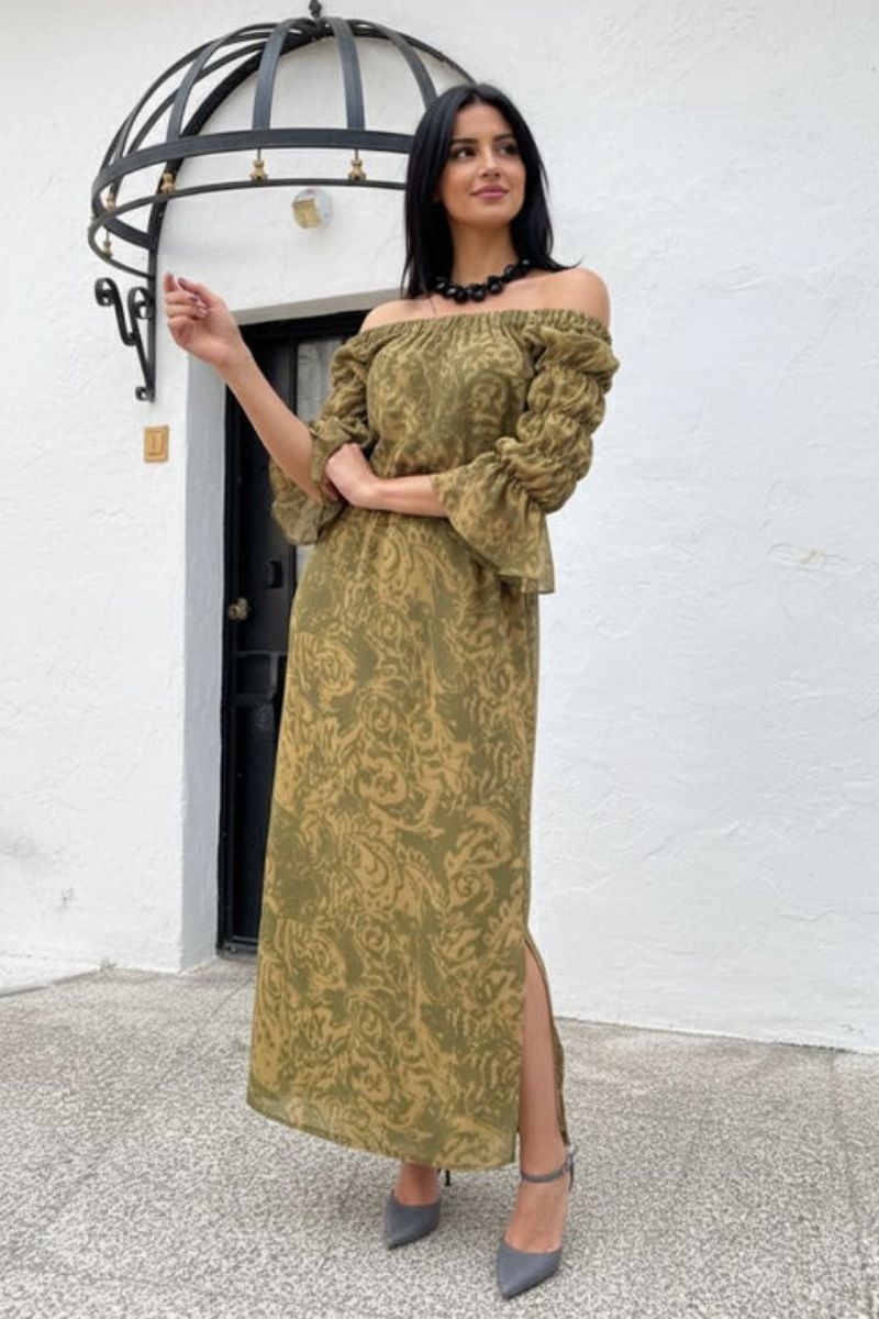 Vestido mangas abullonadas estampado Verde