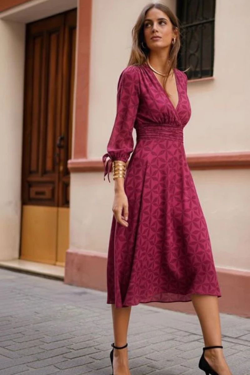 Vestido fajin drapeado estampado Buganvilla Vestido estampado