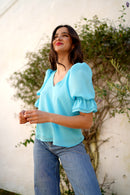 Blusa volante manga lisa Aguamarina