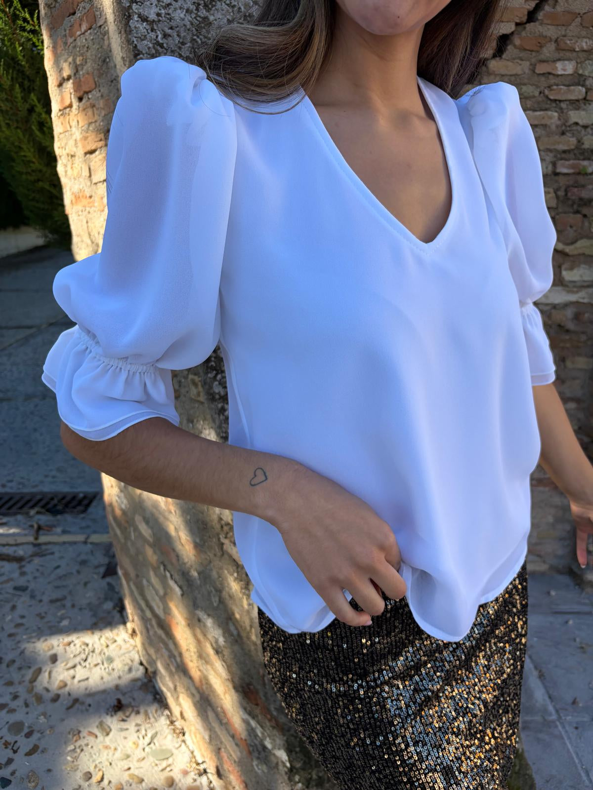 Blusa volante manga lisa Blanco