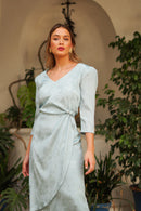 Vestido Brocado Con Recogido Aguamarina