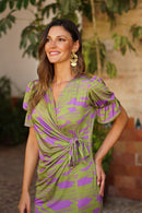 Vestido lazada manga farol estampada