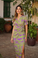 Vestido lazada manga farol estampada