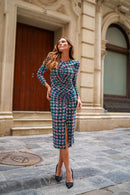 Vestido de Punto Drapeado Estampado Maquillaje