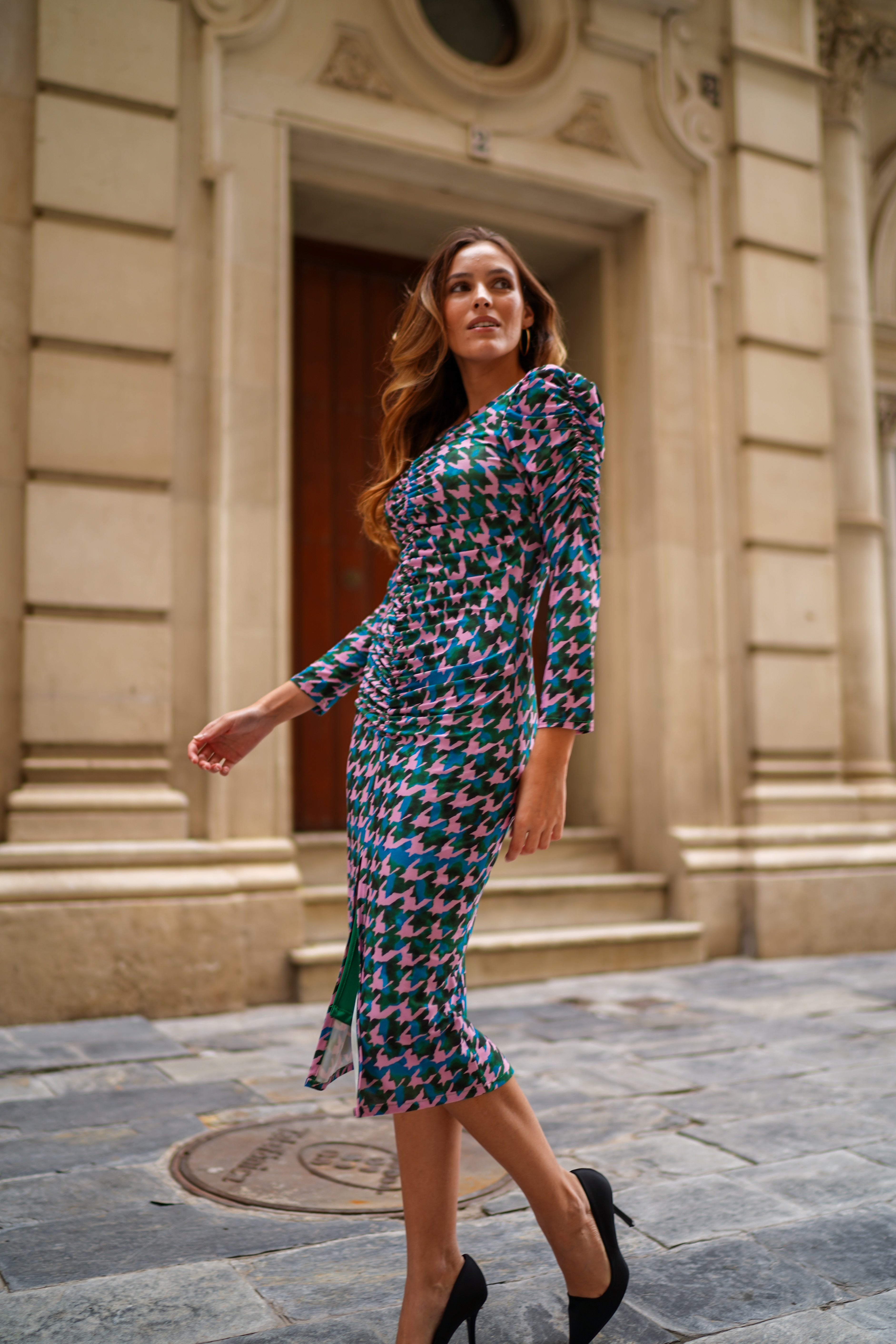 Vestido de Punto Drapeado Estampado Maquillaje