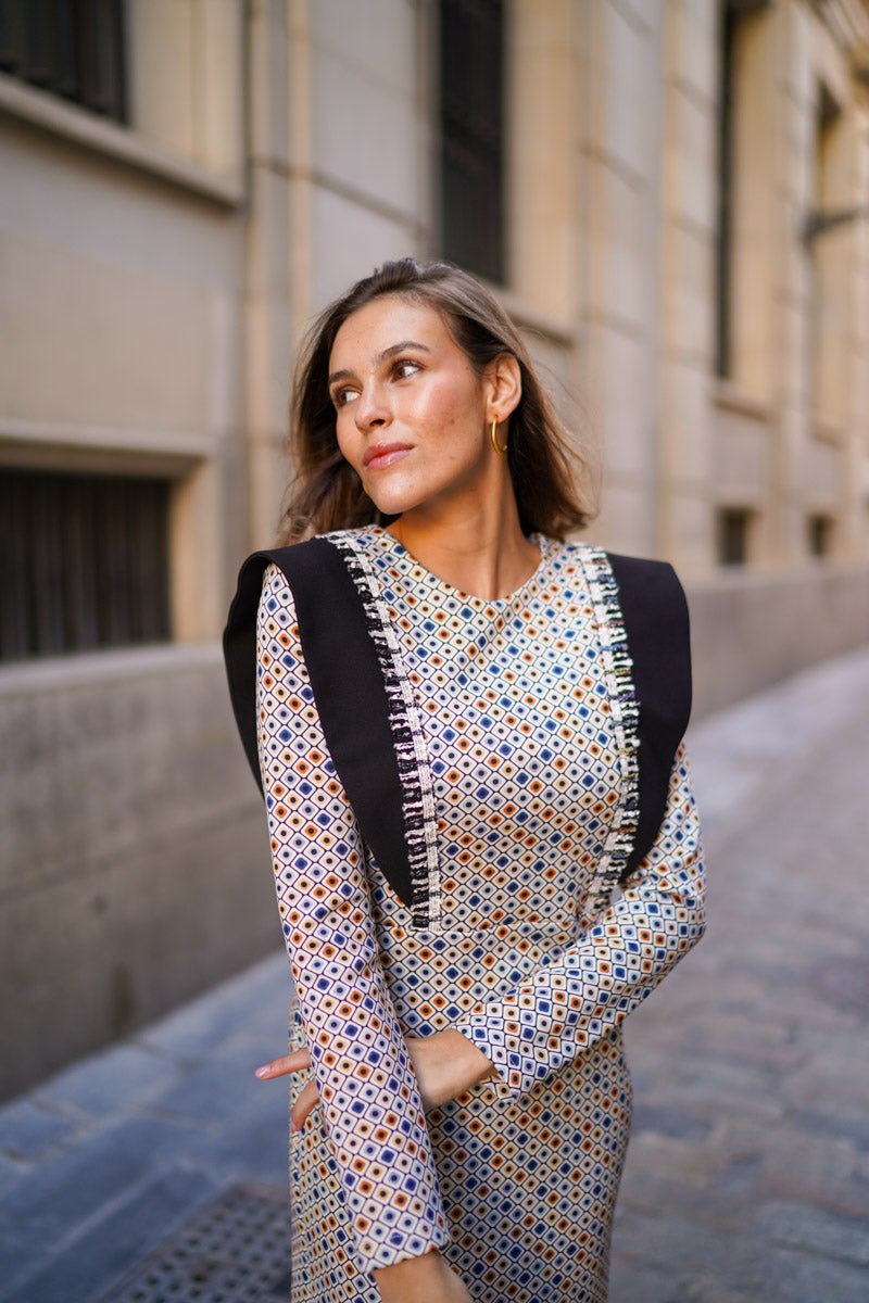 Vestido Aletas y Flequitos Azul Pavo