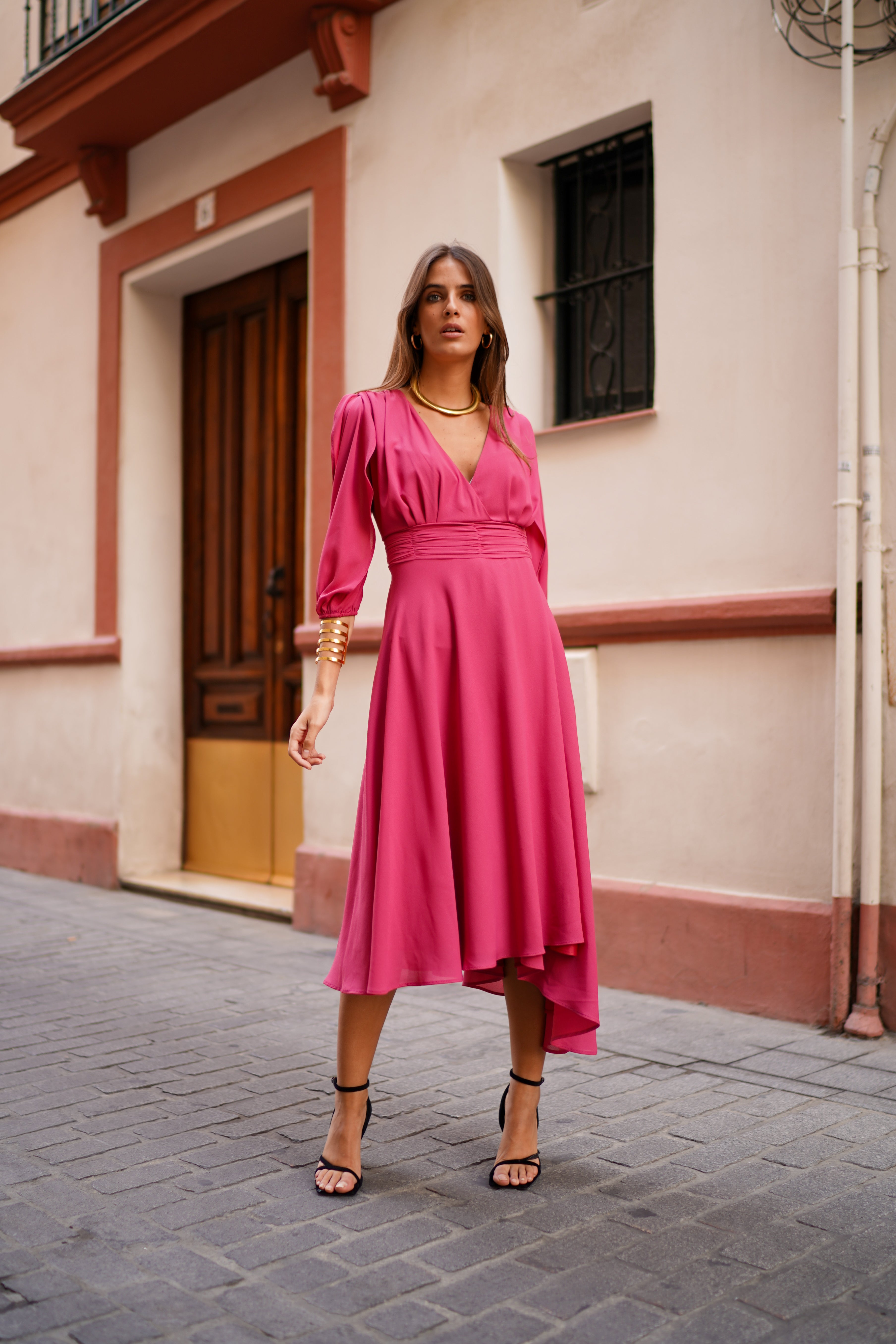 Vestido Manga Abertura Fajin Drapeado Marsala