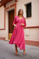 Vestido Manga Abertura Fajin Drapeado Marsala