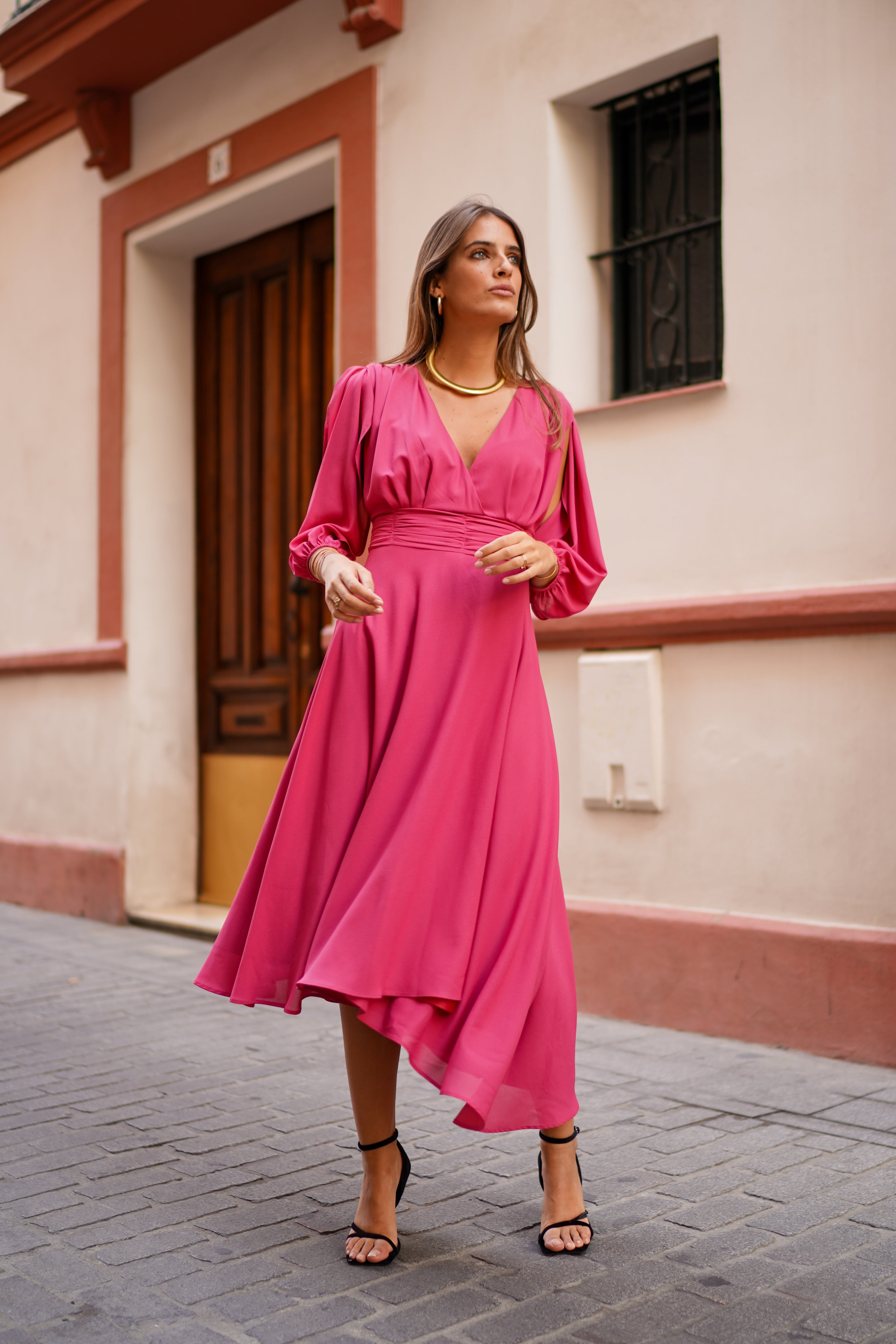 Vestido Manga Abertura Fajin Drapeado Marsala