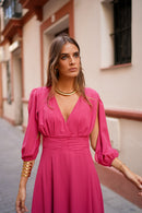 Vestido Manga Abertura Fajin Drapeado Marsala