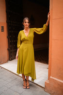 Vestido Manga Abertura Fajin Drapeado Marsala