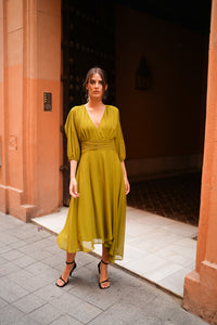 Vestido Manga Abertura Fajin Drapeado Aceite