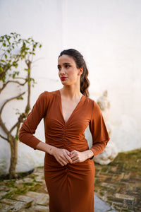 Vestido drapeado mangas globo liso