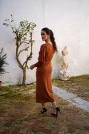 Vestido drapeado mangas globo liso