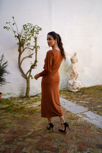 Vestido drapeado mangas globo liso
