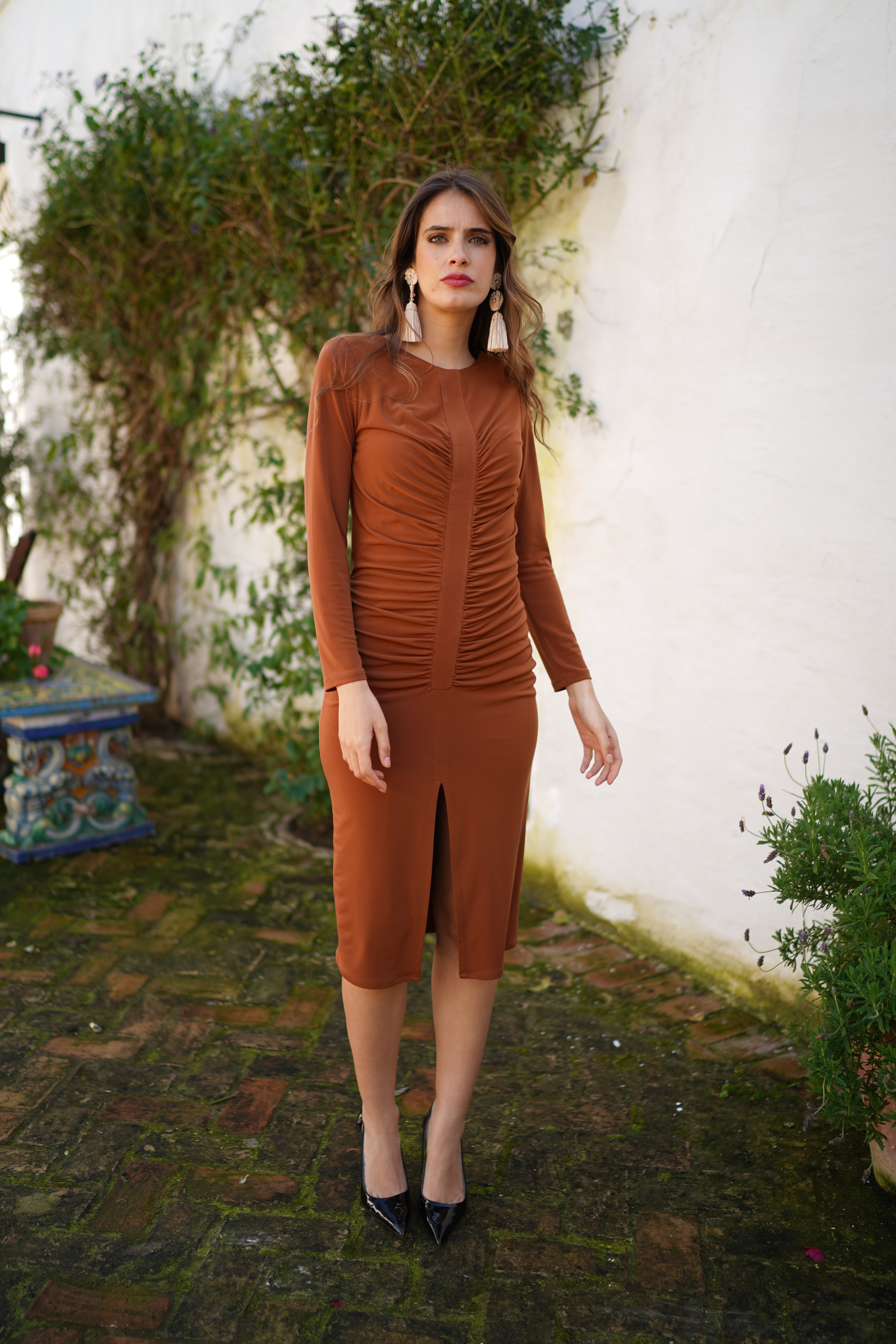 Vestido drapeado liso