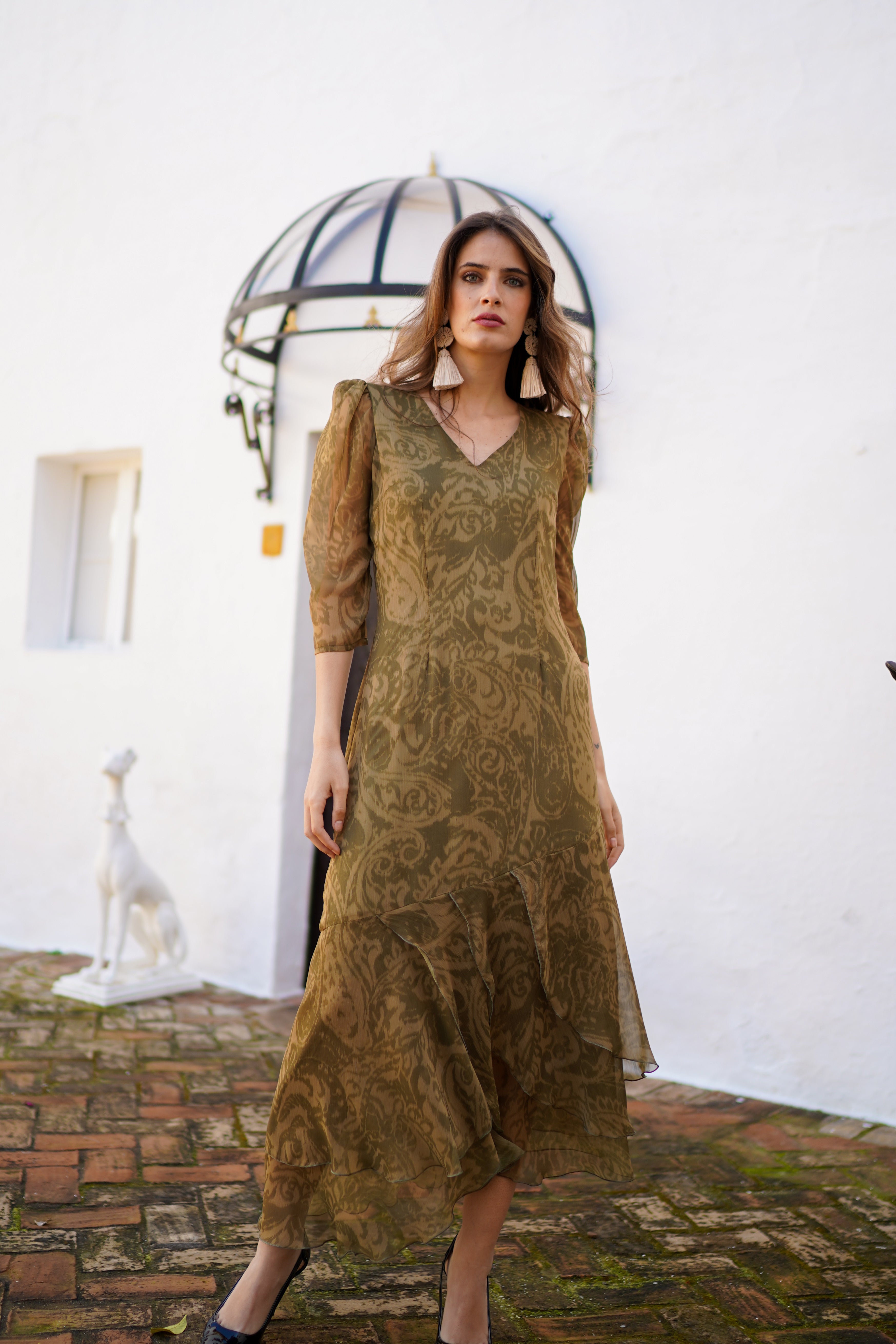 Vestido midi gasa con estampado barroco