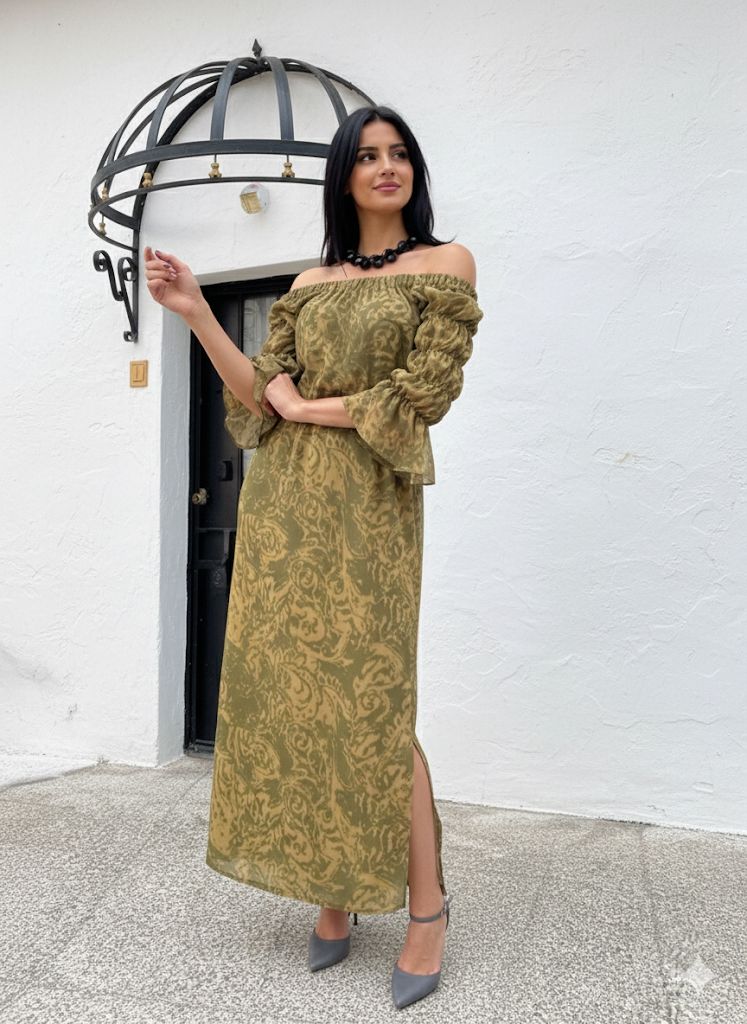 Vestido mangas abullonadas estampado Verde