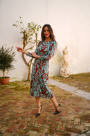 Vestido pliegues hebilla estampado