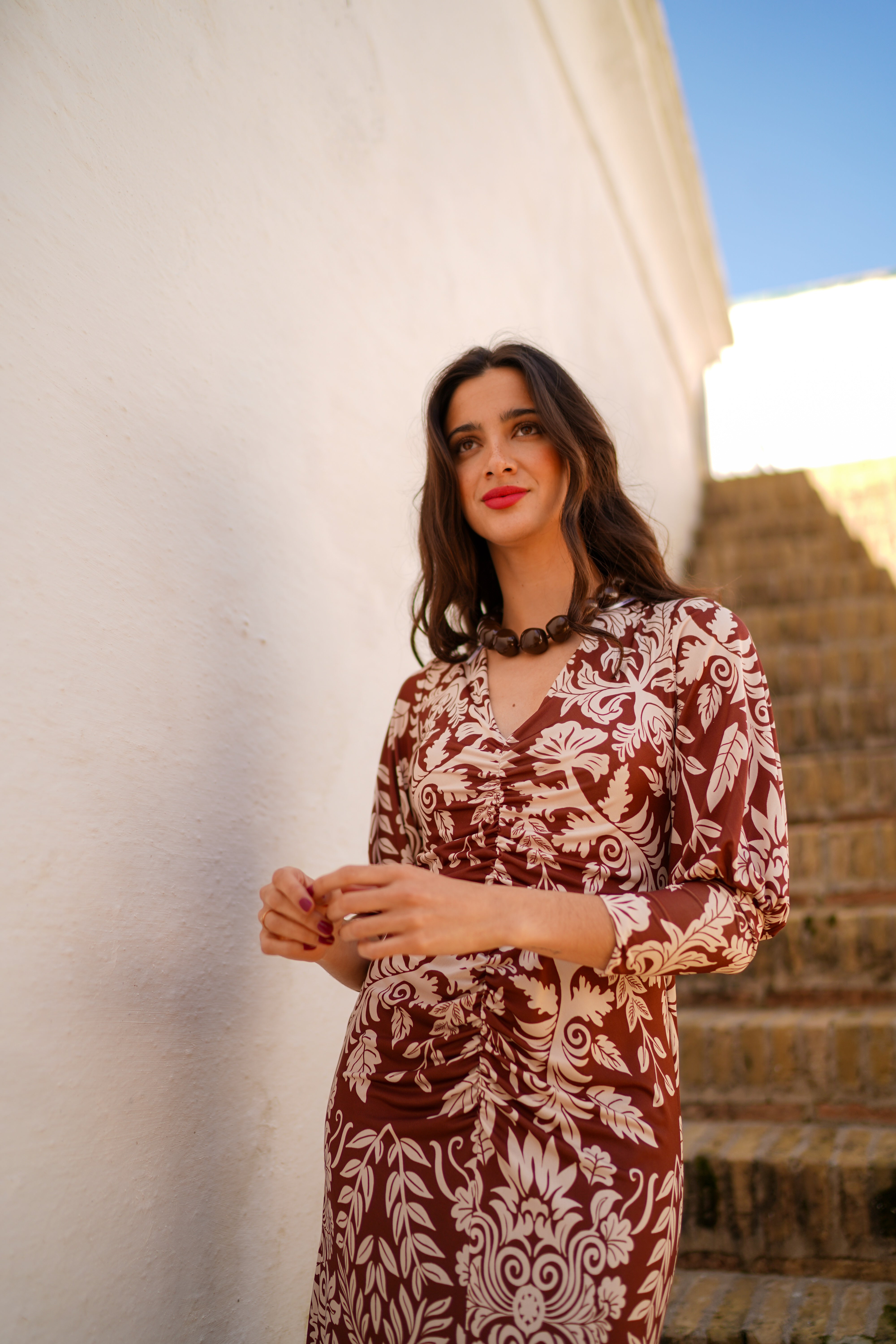 Vestido drapeado mangas globo estampado
