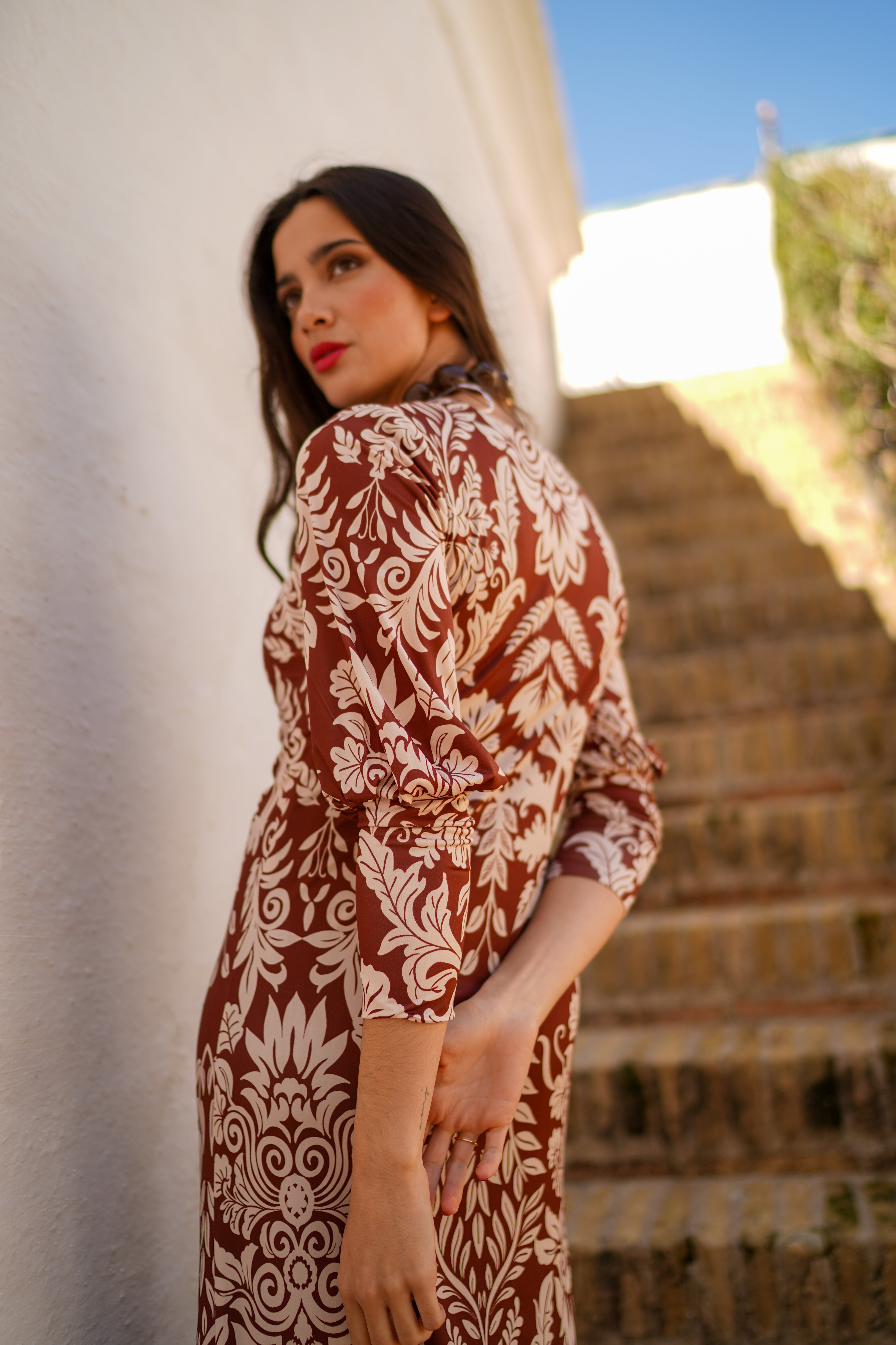 Vestido drapeado mangas globo estampado