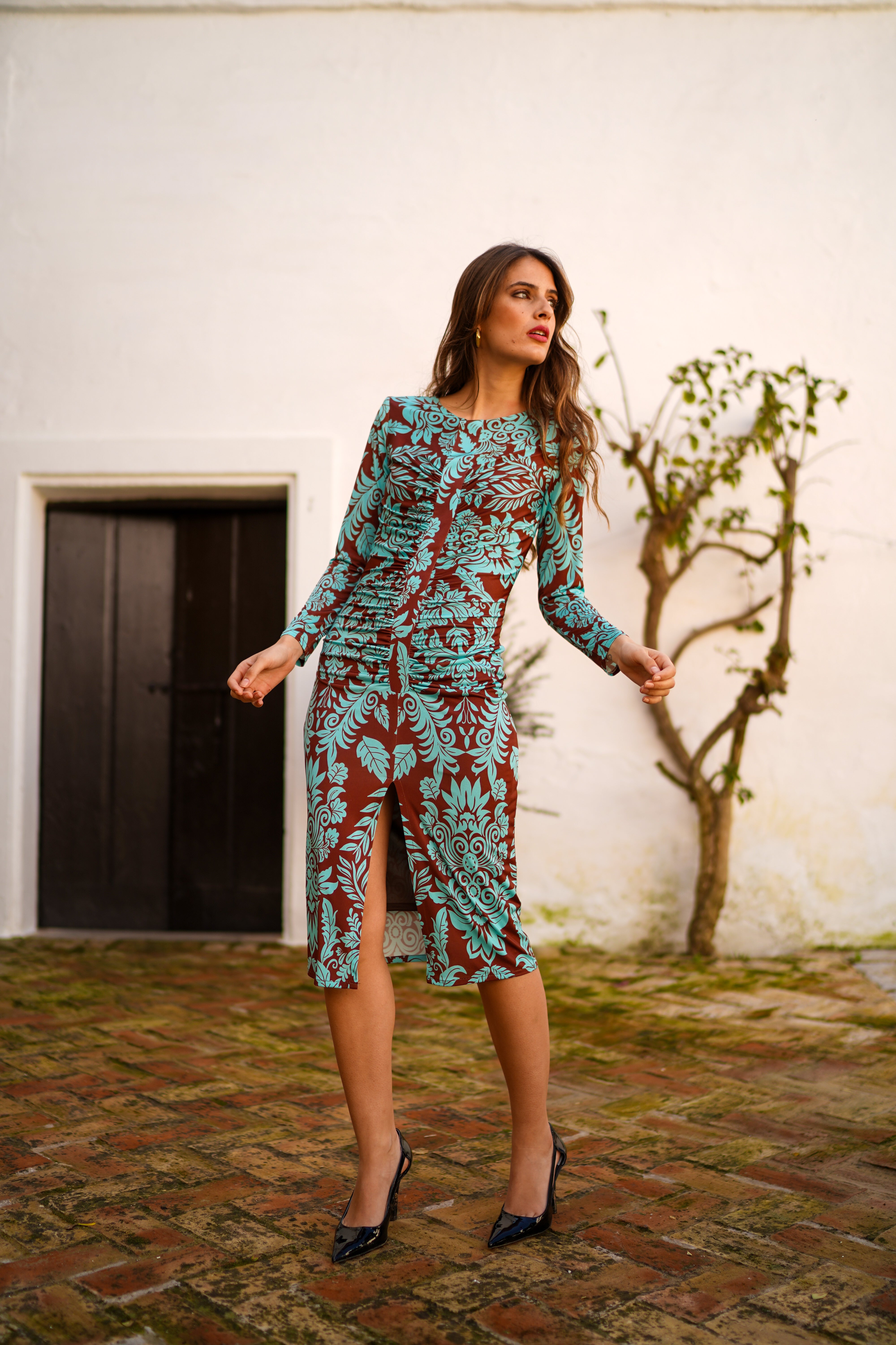 Vestido drapeado estampado