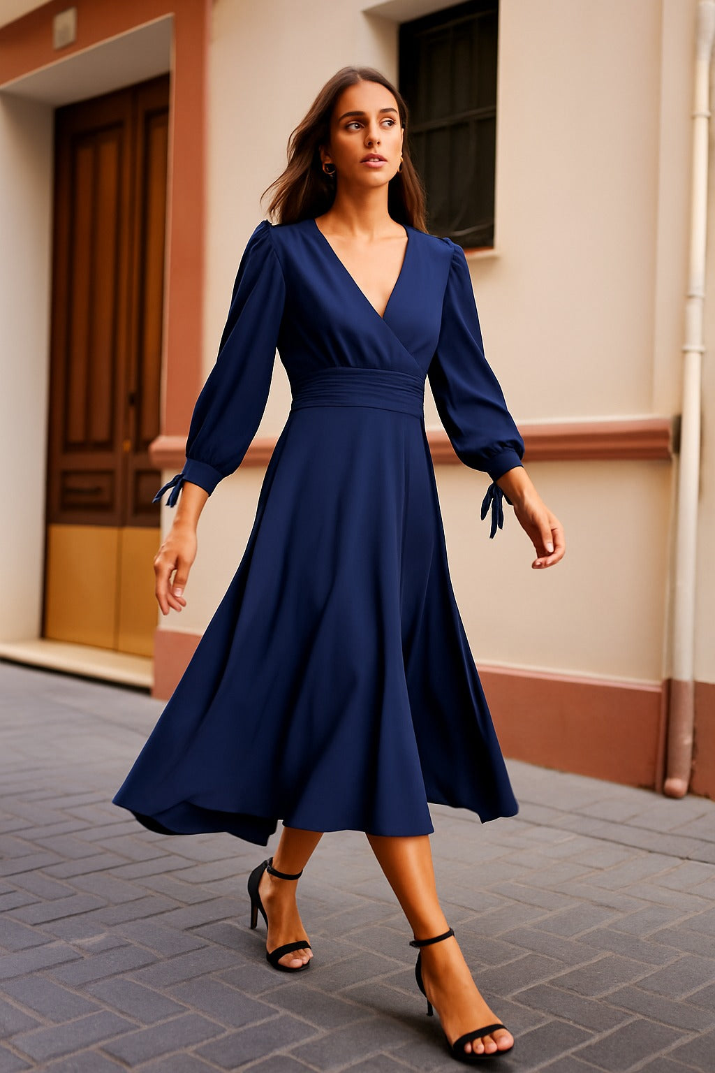 Vestido fajin drapeado Liso