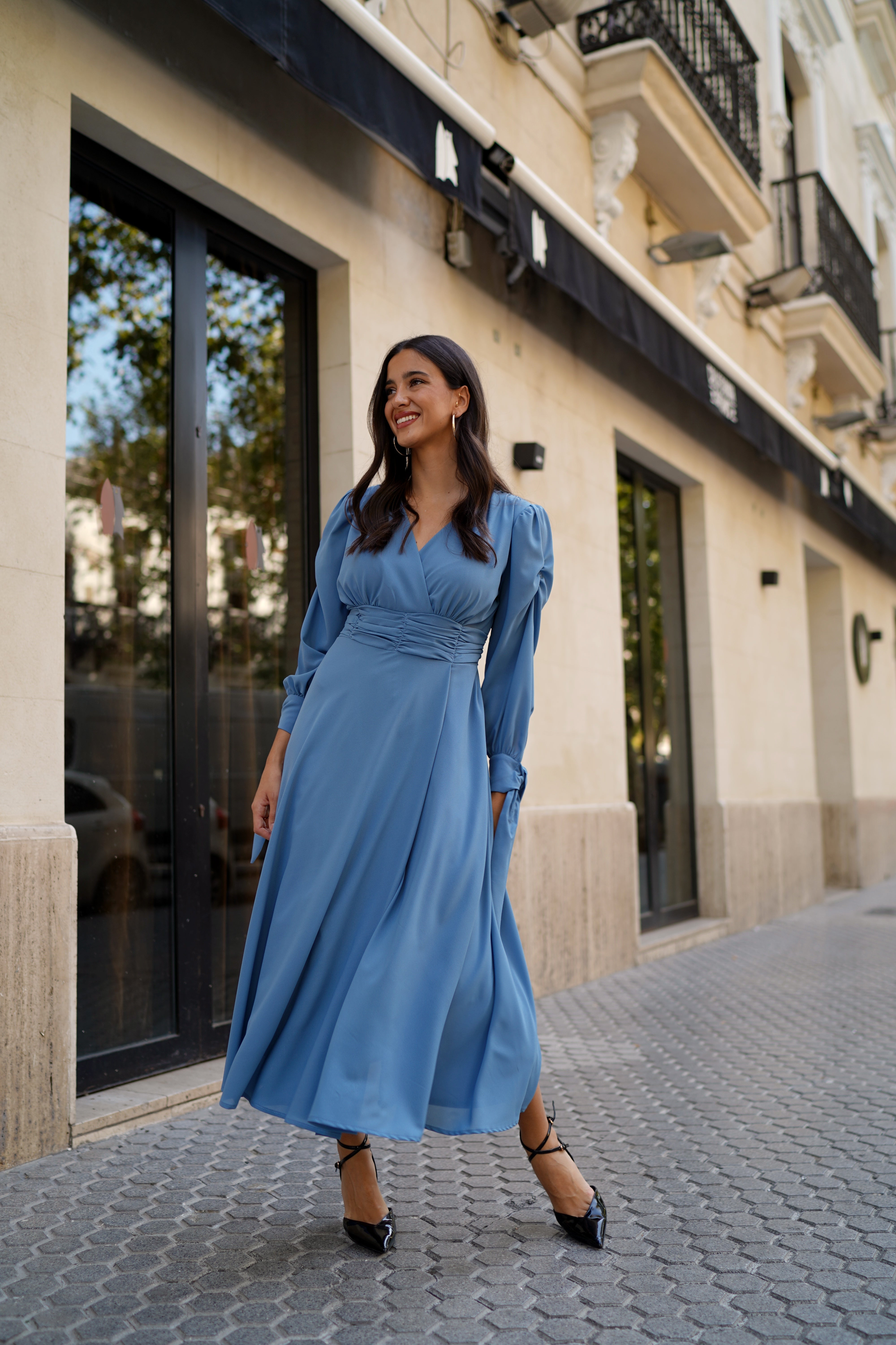 Vestido fajin drapeado Liso Celeste