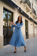 Vestido fajin drapeado Liso Celeste