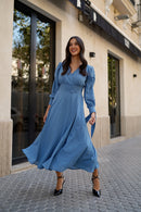 Vestido fajin drapeado Liso Celeste