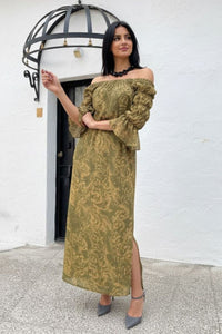 Vestido mangas abullonadas estampado Verde